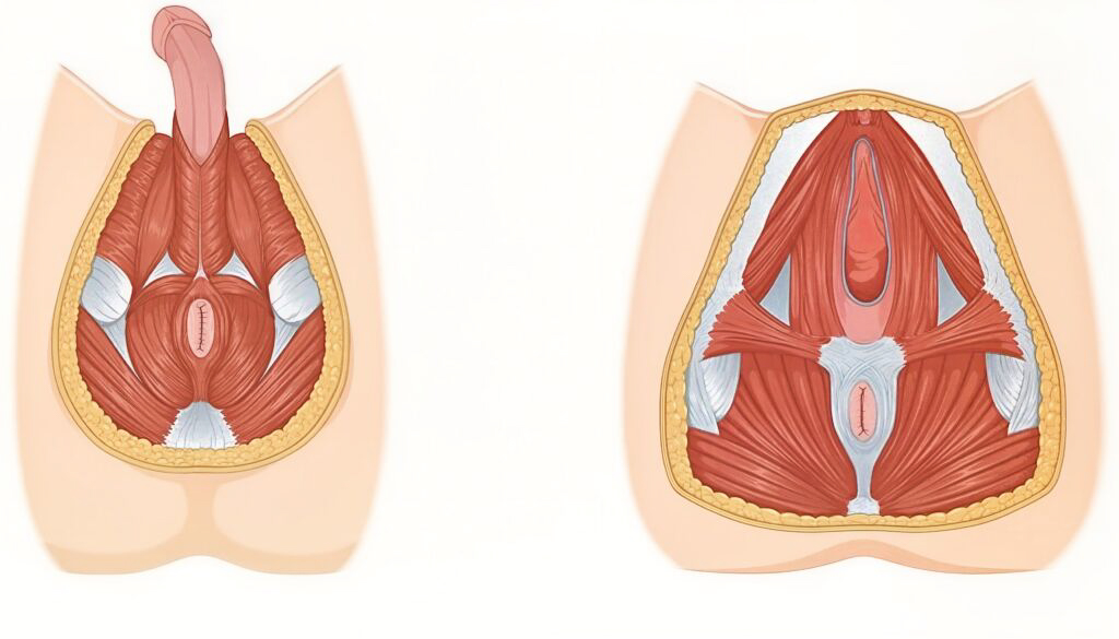 Anatomische Illustration des Beckenbodens: männliche (links) und weibliche (rechts) Muskulatur im Vergleich