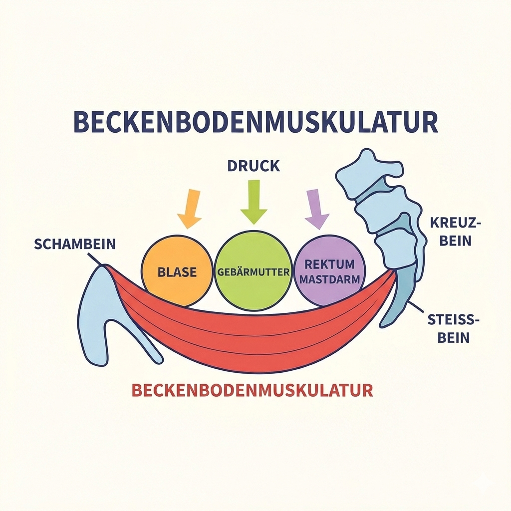 Diagramm der Beckenbodenmuskulatur mit Blase, Gebärmutter und Rektum, die zwischen Schambein und Kreuzbein/Steissbein liegen und Druck von oben erhalten