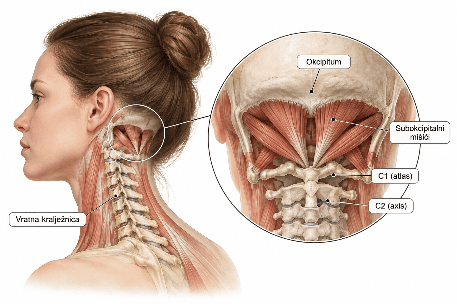 Anatomski prikaz vratne kralježnice s potiljkom, subokcipitalnom muskulaturom te kralješcima C1 (atlas) i C2 (axis)